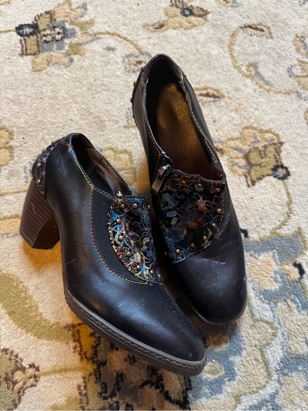 Black Embellished Floral Block Heel Pumps for Women